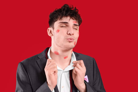 Handsome young man with lips marks on his face blowing kiss against red background