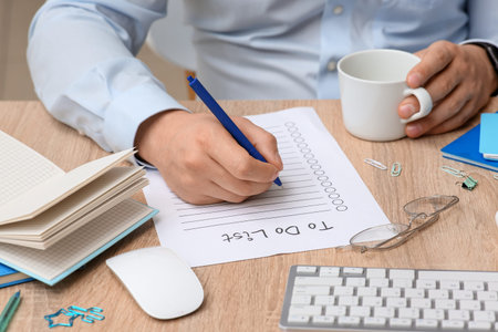 Male hands with to-do list and cup of coffee on wooden table in office