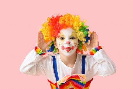 Little girl in clown costume grimacing on pink background. April Fools' Day celebrationの写真素材