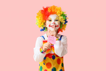 Little girl in clown costume holding sticky paper with text KICK ME and showing silence gesture on pink background. April Fools' Day celebrationの写真素材