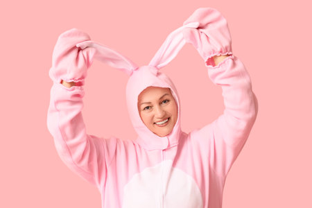 Funny senior woman in Easter bunny costume holding ears on pink backgroundの写真素材