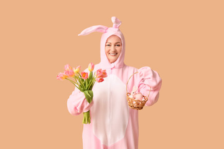 Funny senior woman in bunny costume holding basket with Easter eggs and tulips on beige background
