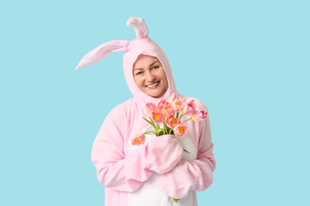 Funny senior woman in Easter bunny costume with tulips on blue backgroundの写真素材