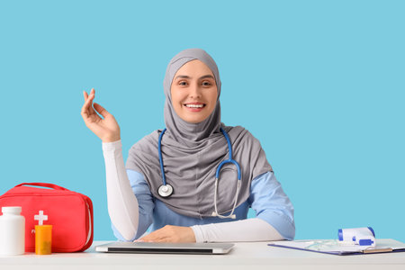 Female Muslim doctor in hijab at table on blue backgroundの写真素材