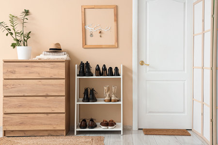 Interior of stylish hall with chest of drawers, door, shoes stand and key holder on beige wall