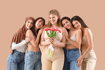 Group of young women with tulips on beige backgroundの写真素材