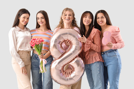 Group of young women with figure 8 and tulips on light backgroundの写真素材