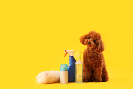 Cute Toy Poodle with cleaning supplies on yellow backgroundの写真素材