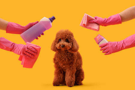 Female hands with cleaning supplies and Toy Poodle on yellow backgroundの写真素材