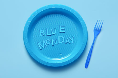 Plate with text BLUE MONDAY and forkの写真素材