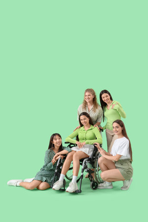 Group of young women on green backgroundの写真素材