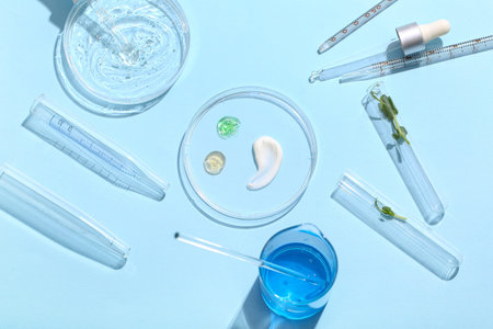 Petri dishes with samples, professional glassware and pipette on blue background
