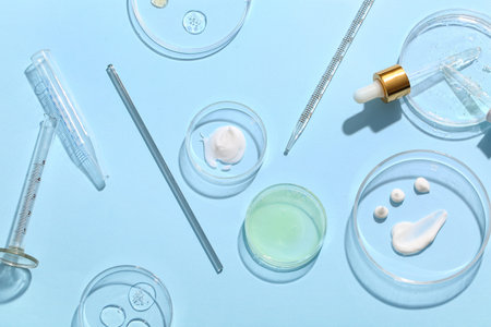 Petri dishes with different samples, pipettes and professional glassware on blue background