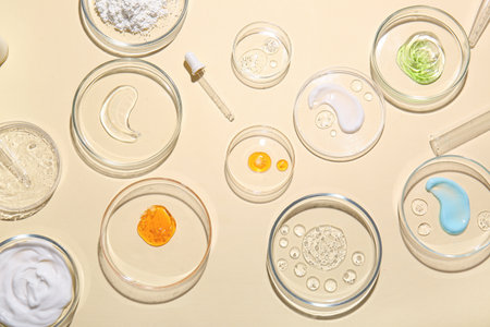 Many Petri dishes with different samples and pipette on yellow backgroundの写真素材