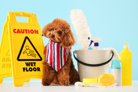 Cute Toy Poodle with cleaning supplies and caution sign on table against blue backgroundの写真素材