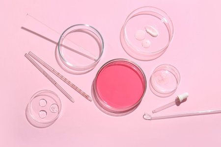Petri dishes with different samples, pipette and professional glassware on pink background