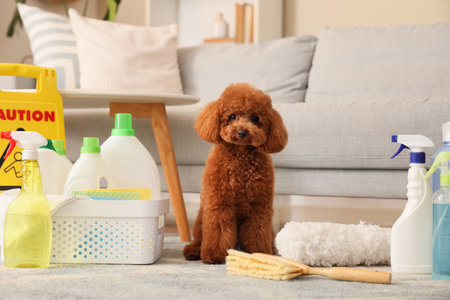Cute Toy Poodle with cleaning supplies on carpet at homeの写真素材