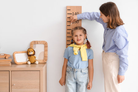 Mother measuring her little daughter's height near stadiometer at homeの写真素材