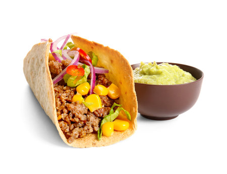 Taco and guacamole in bowl isolated on white backgroundの写真素材
