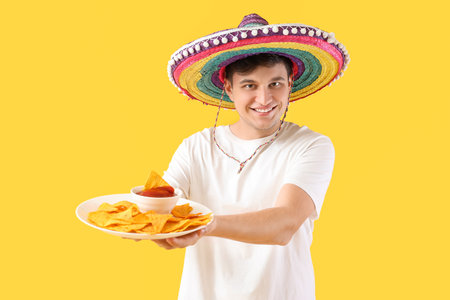 Young man in sombrero and with tasty nachos on yellow backgroundの写真素材