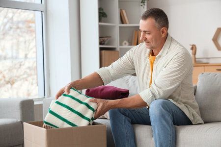 Mature man unpacking box with clothes at home