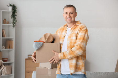 Mature man holding box with accessories in his new flat