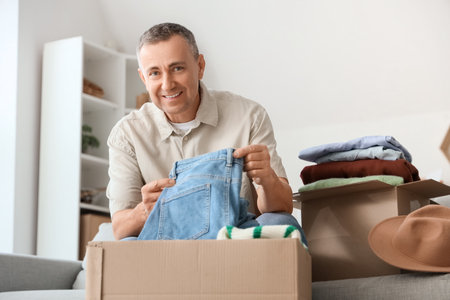 Mature man unpacking box with clothes on sofa at homeの写真素材