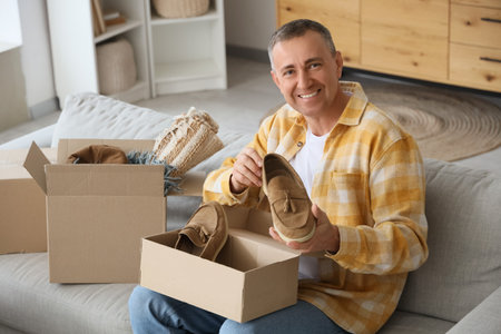 Mature man unpacking box with shoes in his new flatの写真素材