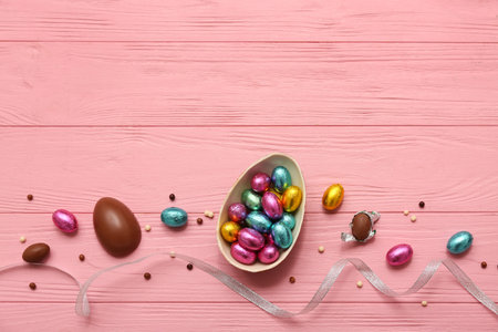 Ribbon with chocolate Easter eggs in foil and sprinkles on pink wooden background