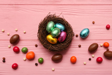 Nest with chocolate Easter eggs in foil and candies on pink wooden background