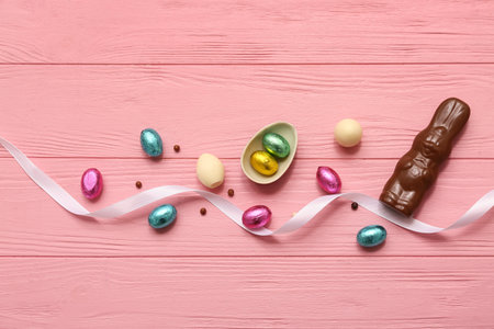 Chocolate Easter bunny with eggs in foil, ribbon and candies on pink wooden backgroundの写真素材