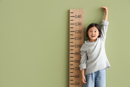 Cute Asian girl measuring height with stadiometer near green wallの写真素材