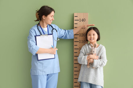 Female pediatrician and Asian girl measuring height with stadiometer near green wall