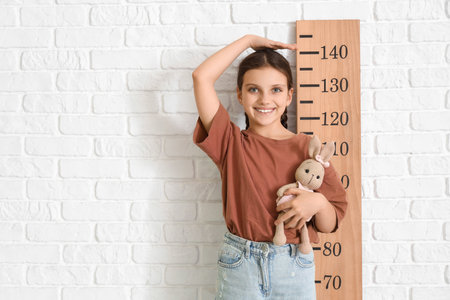 Cute girl measuring height with stadiometer near white brick wallの写真素材