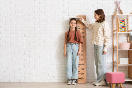 Cute girl with her mother measuring height near stadiometer at homeの写真素材