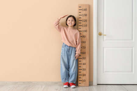 Cute Asian girl measuring height with stadiometer near beige wall