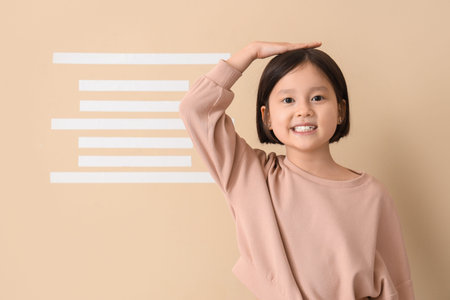 Cute Asian girl near height marks on beige wall