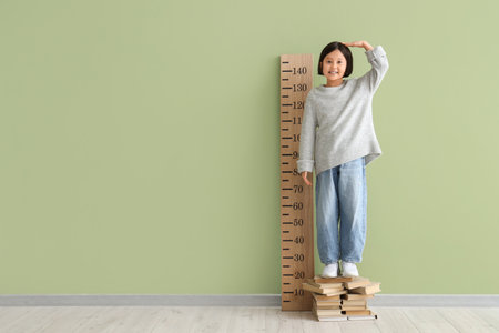 Cute Asian girl on books measuring height with stadiometer near green wallの写真素材