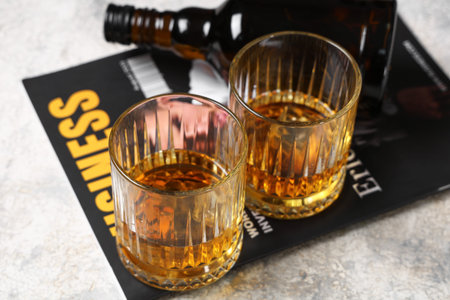 Bottle, glasses of rum and magazine on gray background. Closeupの写真素材