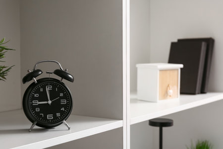 Shelves with books and stylish clock, closeupの写真素材
