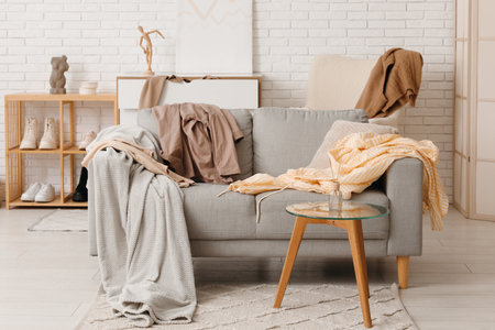 Interior of messy dressing room with scattered clothes on sofaの写真素材