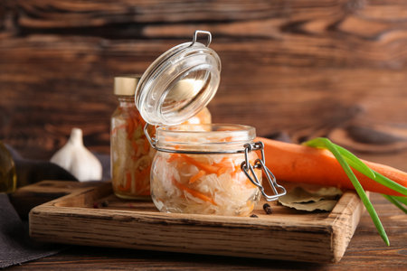 Glass jar with tasty sauerkraut and carrot on table against wooden background. Closeupの写真素材