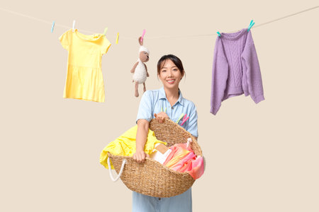 Happy young Asian woman with hanging child clothes, laundry basket and clothespins on beige backgroundの写真素材