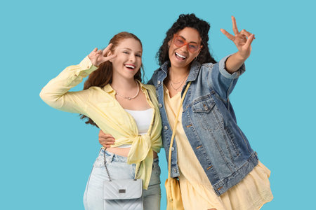 Beautiful young happy female friends showing victory gesture on blue background