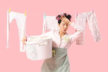 Tired young Asian woman with laundry basket and hanging clothespins on pink backgroundの写真素材