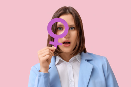 Surprised young woman holding female symbol on pink background. Women's history monthの写真素材