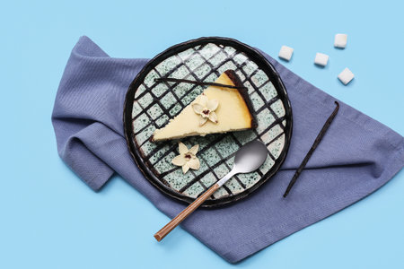 Plate with piece of sweet vanilla cheesecake and sugar cubes on blue backgroundの写真素材