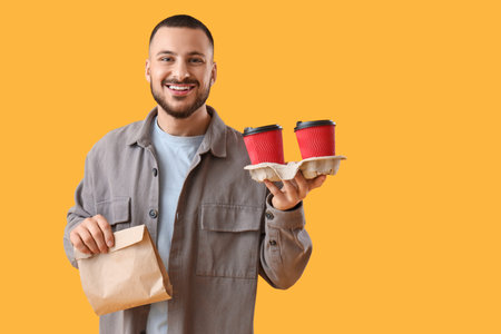 Young man with paper cups of coffee and food on yellow background