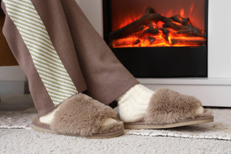 Woman in soft slippers sitting near fireplace at home, closeupの写真素材