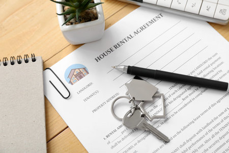 Blank house rental agreement with key on wooden background, closeup